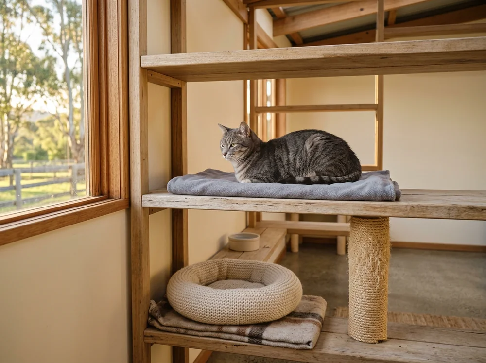 Cat resting on a timber shelf in a cattery suite, window looking out over the paddocks (illustration)