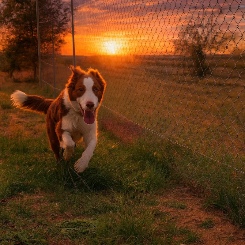 Dog running through an exercise yard at sunset