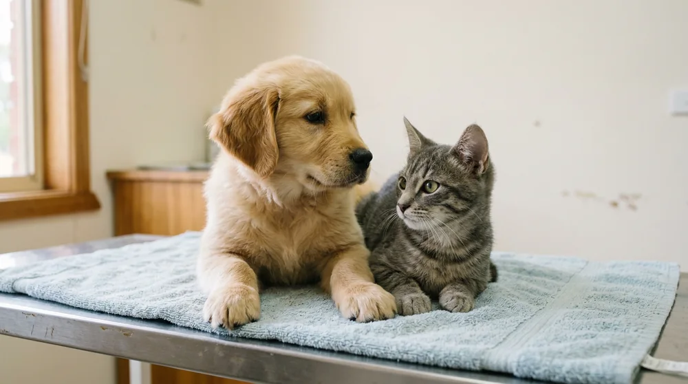 A puppy and a kitten together on a clinic table (illustration)