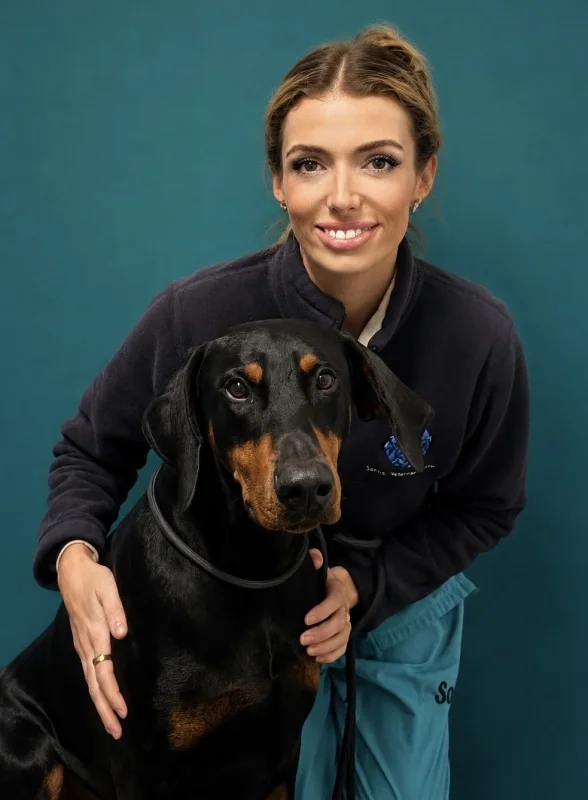 Darcy with a Dobermann